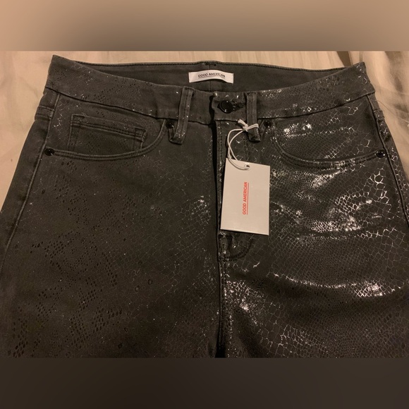 Good American Good Waist Jeans Gray Metallic Coated Snakeskin Skinny Size 8/29 - Picture 5 of 14